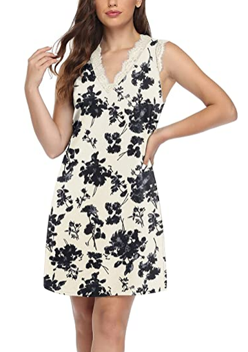 Womens V Neck Lace Trim Floral Tank Dress